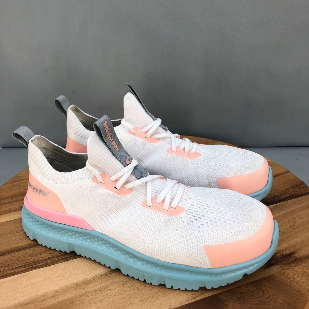 Timberland PRO Setra Knit Comp Toe Work Shoes Womens 8.5 White Pink Blue Lace Up